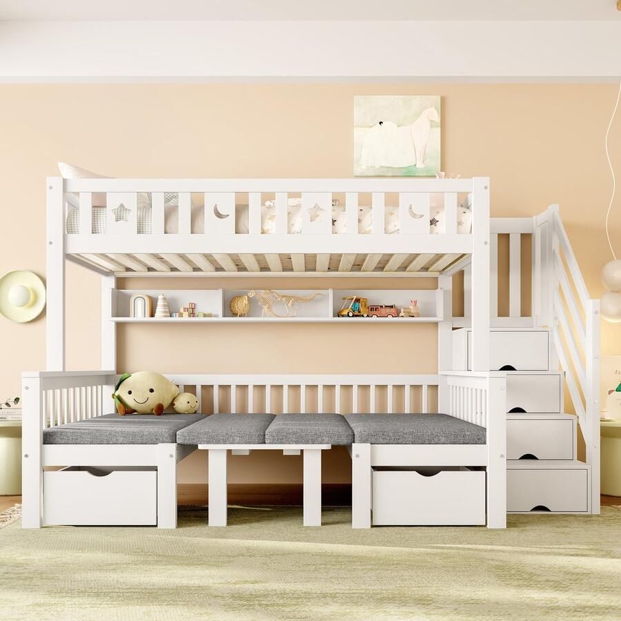 Merax Multifunctionele Hoogslaper of Stapelbed 90x200 cm met Opbergruimte in Trap – 2-in-1 Bed en Tafel met Zitvlak Veilig Kinderbed Wit - Foto 3