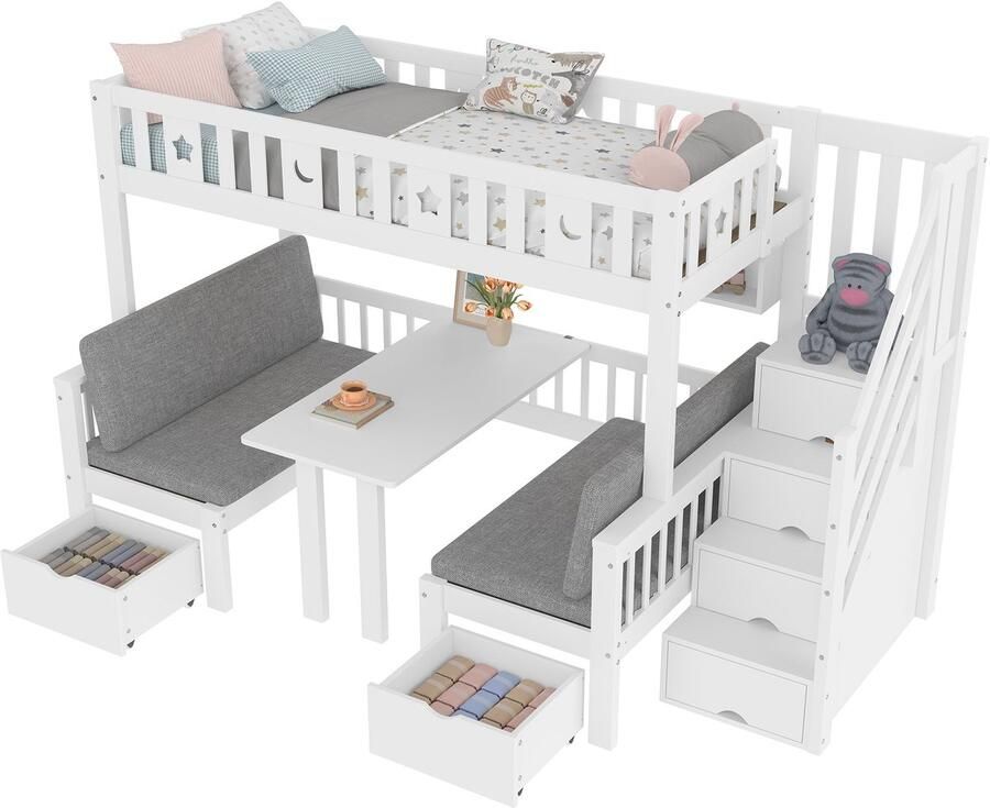 Merax Multifunctionele Hoogslaper of Stapelbed 90x200 cm met Opbergruimte in Trap – 2-in-1 Bed en Tafel met Zitvlak Veilig Kinderbed Wit - Foto 2