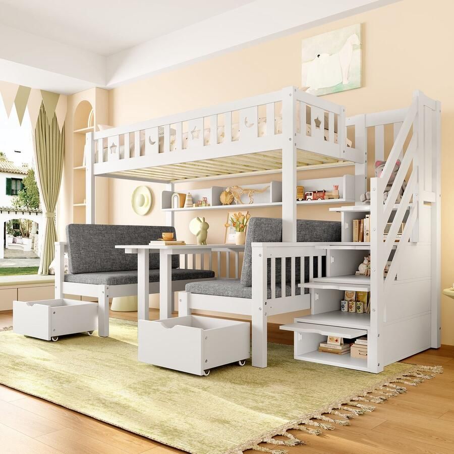 Merax Multifunctionele Hoogslaper of Stapelbed 90x200 cm met Opbergruimte in Trap – 2-in-1 Bed en Tafel met Zitvlak Veilig Kinderbed Wit