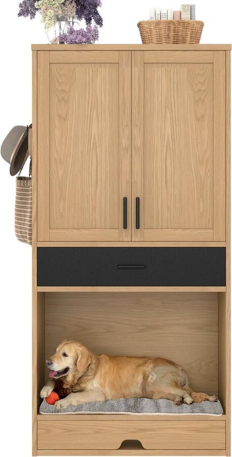 Merax Multifunctionele Tierschrank Hondenkast met Voerstation Hondenbed Opbergruimte en Haken Dierenmeubel en Keukenkast in Eikenlook 79x40x160 cm