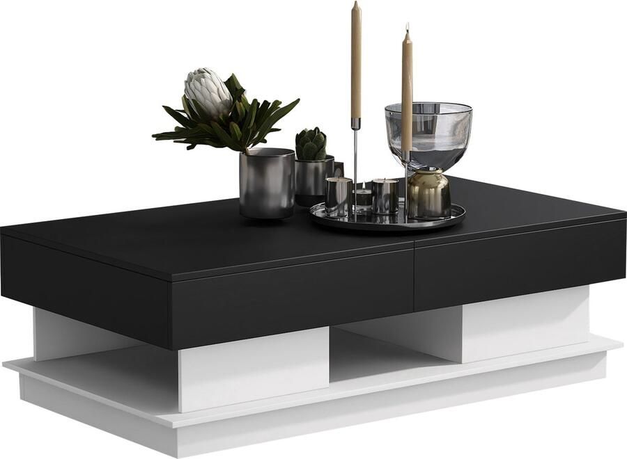 Merax Multifunctionele Salontafel – Moderne Zwart Wit Hoogglans Tafel met Lade en Verborgene Opbergruimte 100x60x36 cm