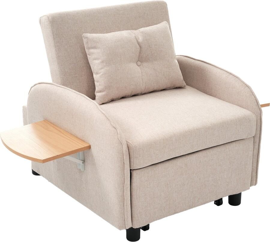 Merax Multifunctionele Slaapbank met Inklapbaar Tafel 3-in-1 Slaapstoel- Ruimtebesparend Beige