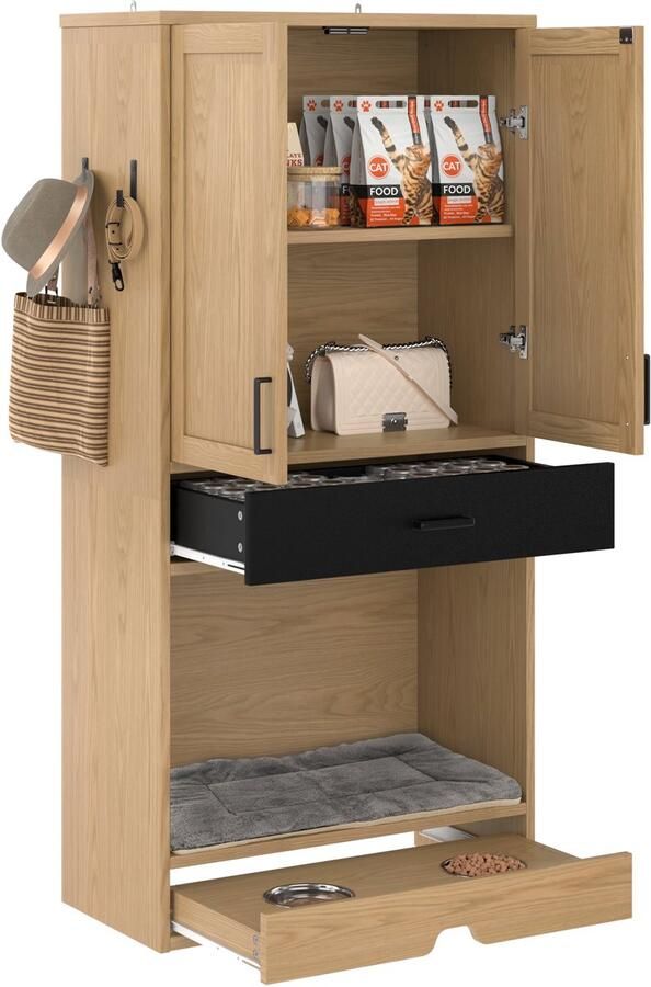 Merax Multifunctionele Tierschrank Hondenkast met Voerstation Hondenbed Opbergruimte en Haken Dierenmeubel en Keukenkast in Eikenlook 79x40x160 cm - Foto 2
