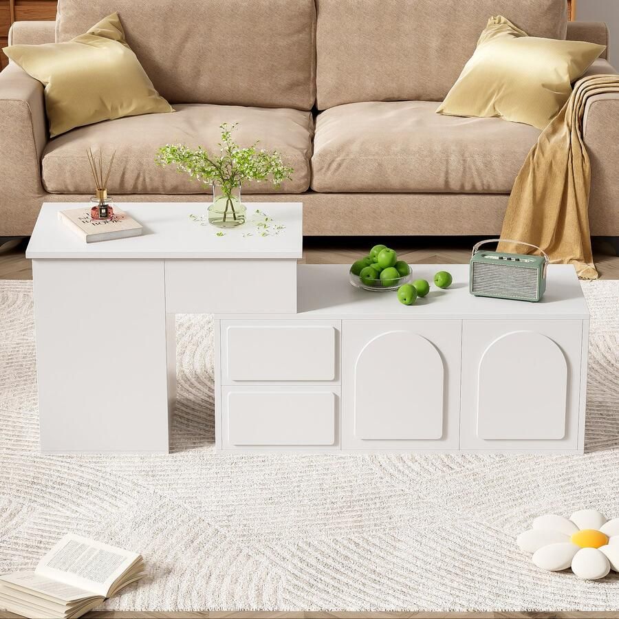 Merax Multifunctionele witte zijtafel met 2 lades hoogteverstelbaar bureau 16 kleuren verlichting glazen planken en deuren