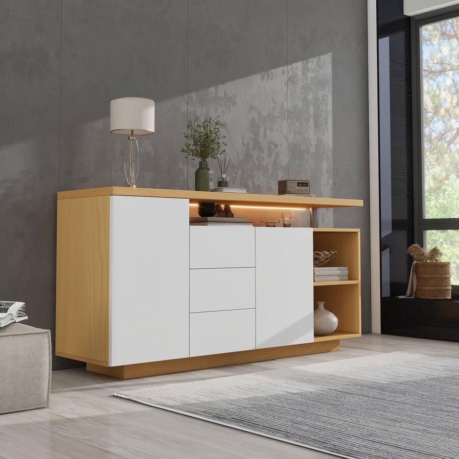 Merax Multifunktionales Sideboard Länge 140 cm weiß und Holzimitat 2 Türen 3 Schubladen 2 offene Fächer mit LED-Beleuchtung