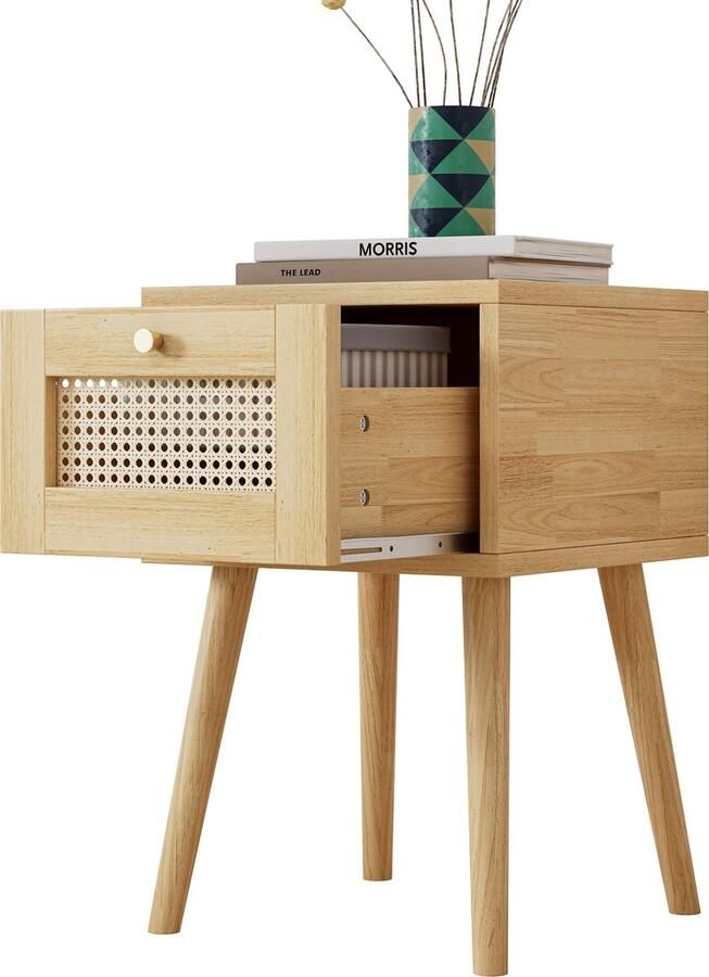Merax Nachtkastje met 1 Lade – PE-Rotan Ladefront Natuurlijke Houtlook Lange Houten Poten Voor Woon- en Slaapkamer