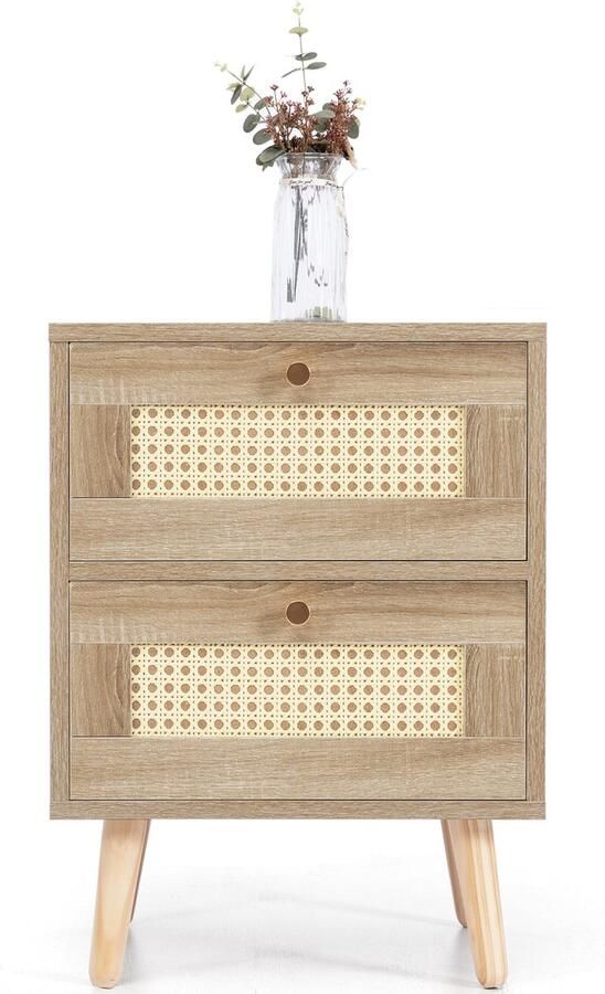 Merax Nachtkastje met 2 Lades Eikenhout en Rotan Rattangevlochten Ladefronten 55x40x40 cm Geschikt voor Slaapkamer
