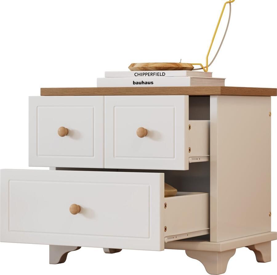 Merax Nachttisch mit 2 Schubladen geräuschlosen Gleitern Schön gearbeitete Füße Stauraum im Wohnzimmer und Schlafzimmer MDF+Spanplatte Weiß+Natur - Foto 2