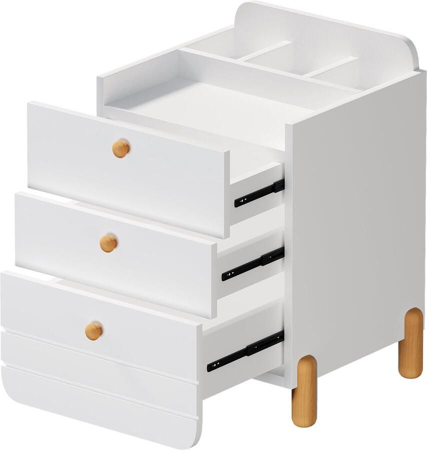 Merax Nachtkastje met 3 Lades en Open Vakken – Geluidsloos Ladeontwerp Houten Poten Multifunctioneel Opslagmeubel voor Slaapkamer en Woonkamer Minimalistisch Design Wit