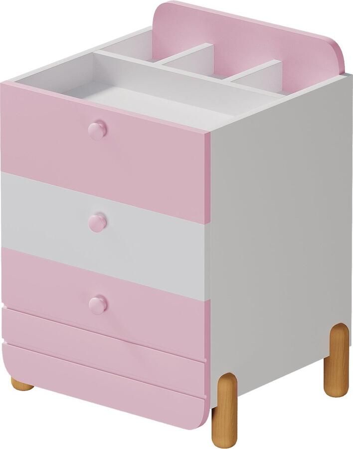 Merax Nachtkastje met 3 Lades Geruisloze Schuiflade Houten Poten Minimalistisch Ontwerp – Roze Opbergruimte voor Woonkamer en Slaapkamer