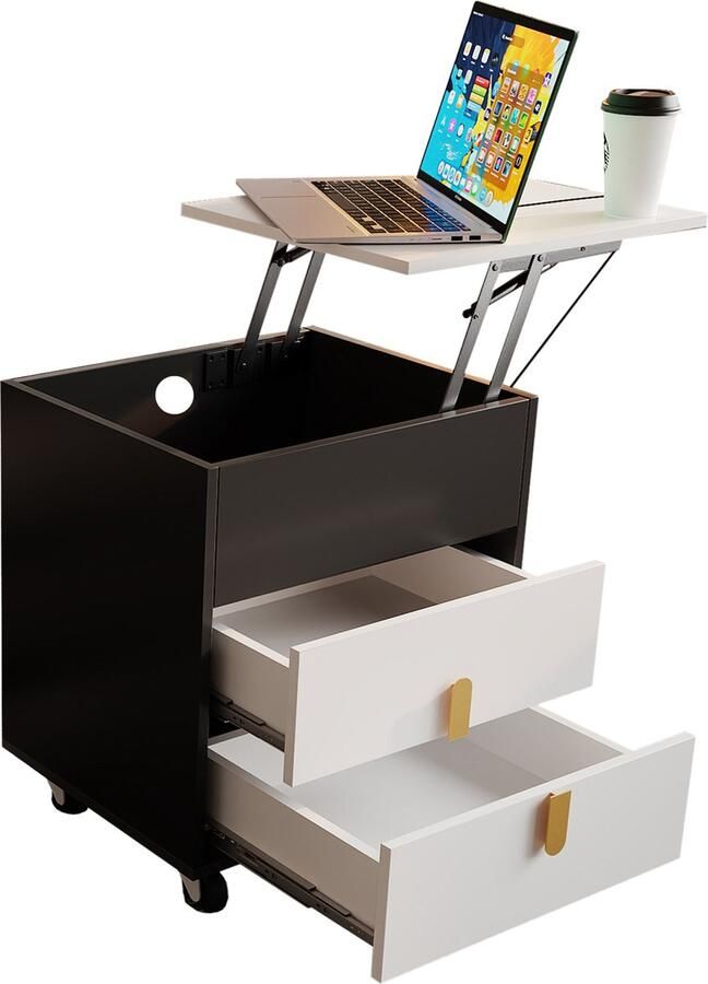 Merax Nachtkastje met USB-Oplaadpoort Verstelbaar Tafelblad Mobiel Design met Wielen 2 Lades Zwart met Wit