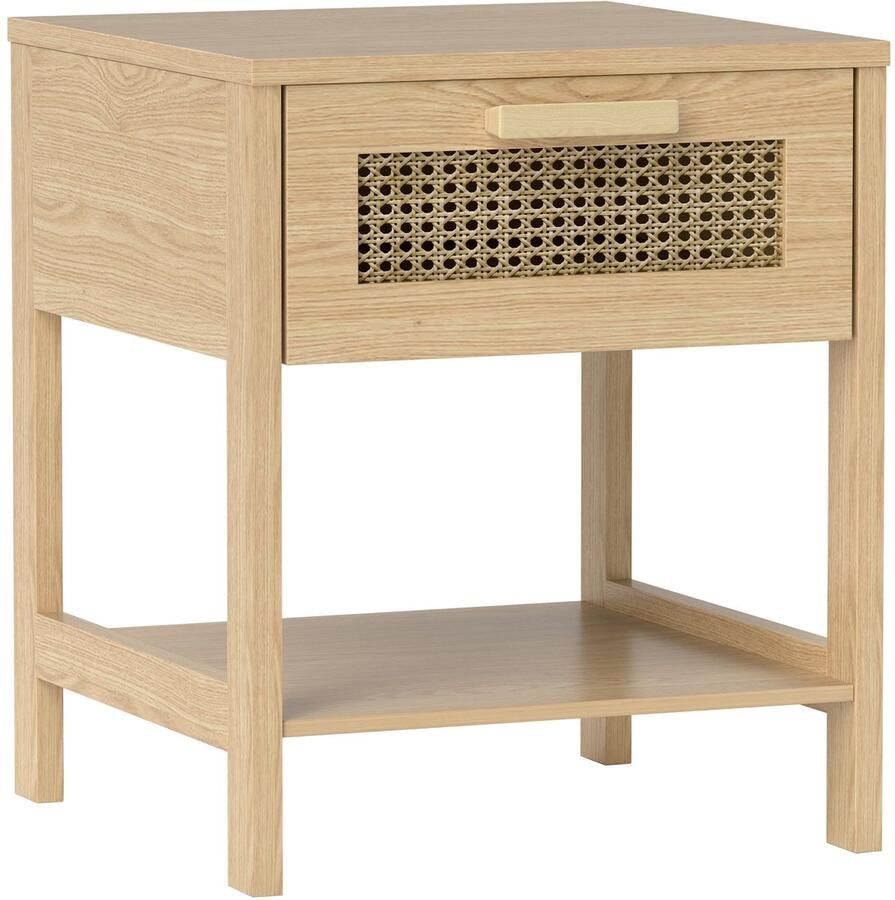 Merax Nachtkastje Rattan – Hout – Met Lade en Open Opbergvak – Boho Nachttafel – 40x40x48 4 cm – Licht Hout
