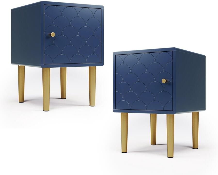 Merax Nachtkastje Set van 2 – Marineblauw – Houten Nachtkastjes met Lade en Metalen Poten – 50x35x35 cm – Visschubmotief