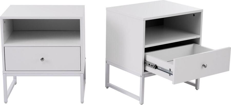 Merax Nachtkastje 2-Delige Set – Modern Minimalistisch Design Met 1 Lade Anticollisiehoeken Wit MDF & Staal