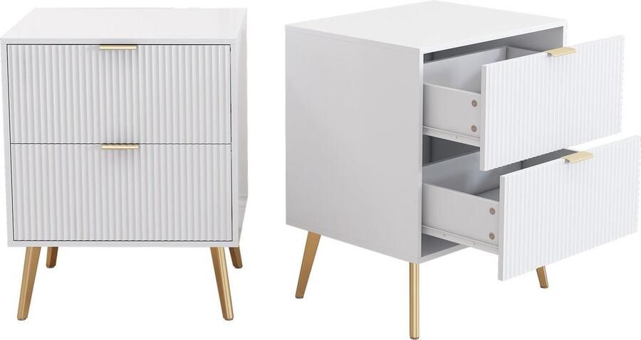 Merax Nachtkastjes 2-Delig Set Modern Ontwerp met Vergulde Poten en Handgrepen 2 Lades Anti-Stoot Hoekontwerp Wit