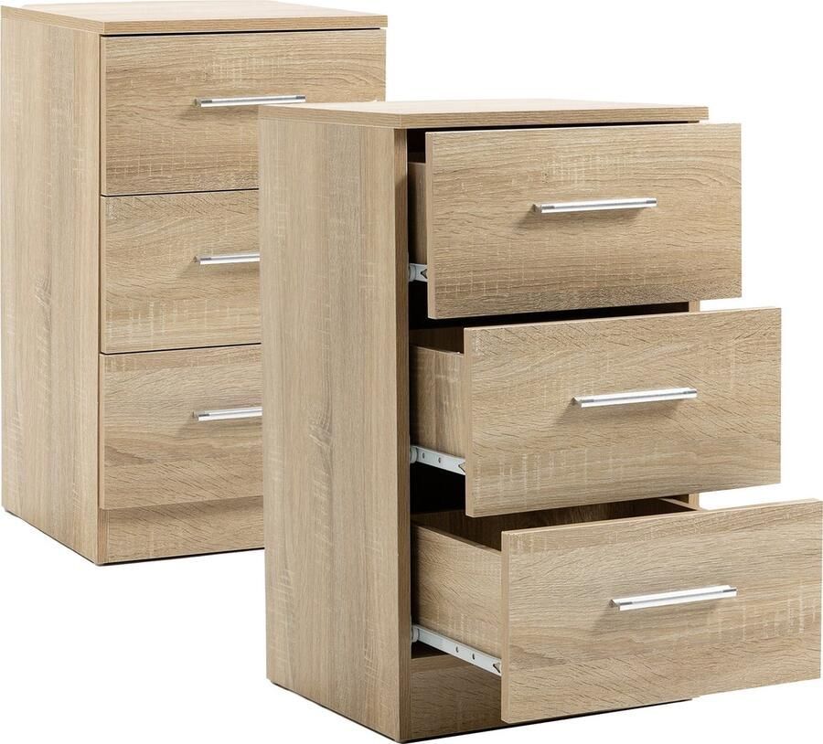 Merax Nachtkastjes Set van 2 Spaanplaat Nachtkastje met 3 Lades voor Slaapkamer Woonkamer Naturelkleur