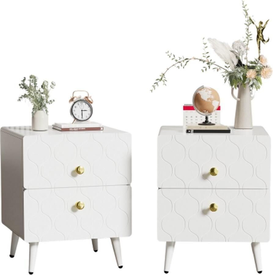 Merax Moderne Nachtkastjes – 2-Delige Set Witte Nachtkastjes met Wellenpatroon Vergulde Grepen en 2 Lades Met Stootvaste Hoeken en Gelakte Afwerking