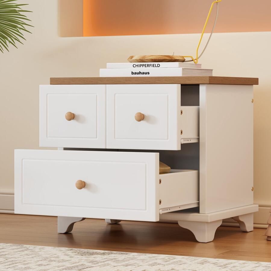 Merax Nachttisch mit 2 Schubladen geräuschlosen Gleitern Schön gearbeitete Füße Stauraum im Wohnzimmer und Schlafzimmer MDF+Spanplatte Weiß+Natur