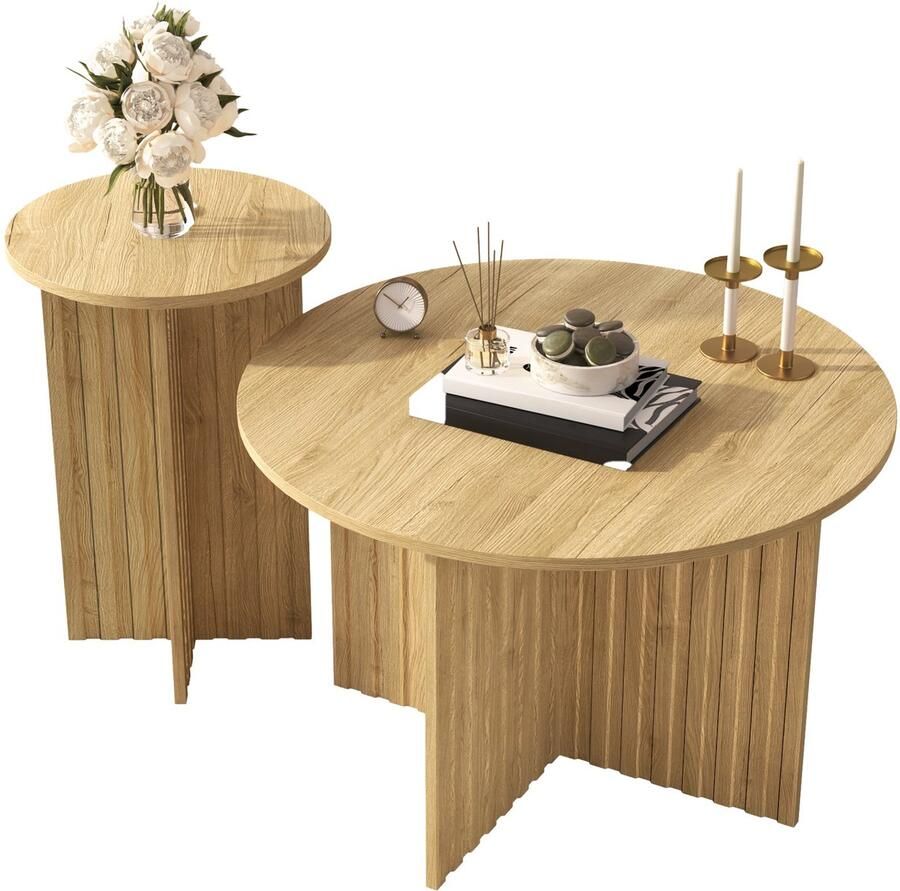 Merax Nest-Tafel Set 2-delig – Ronde Houten Salontafels & Bijzettafels in Scandinavisch Design – Ruimtebesparend & Veelzijdig