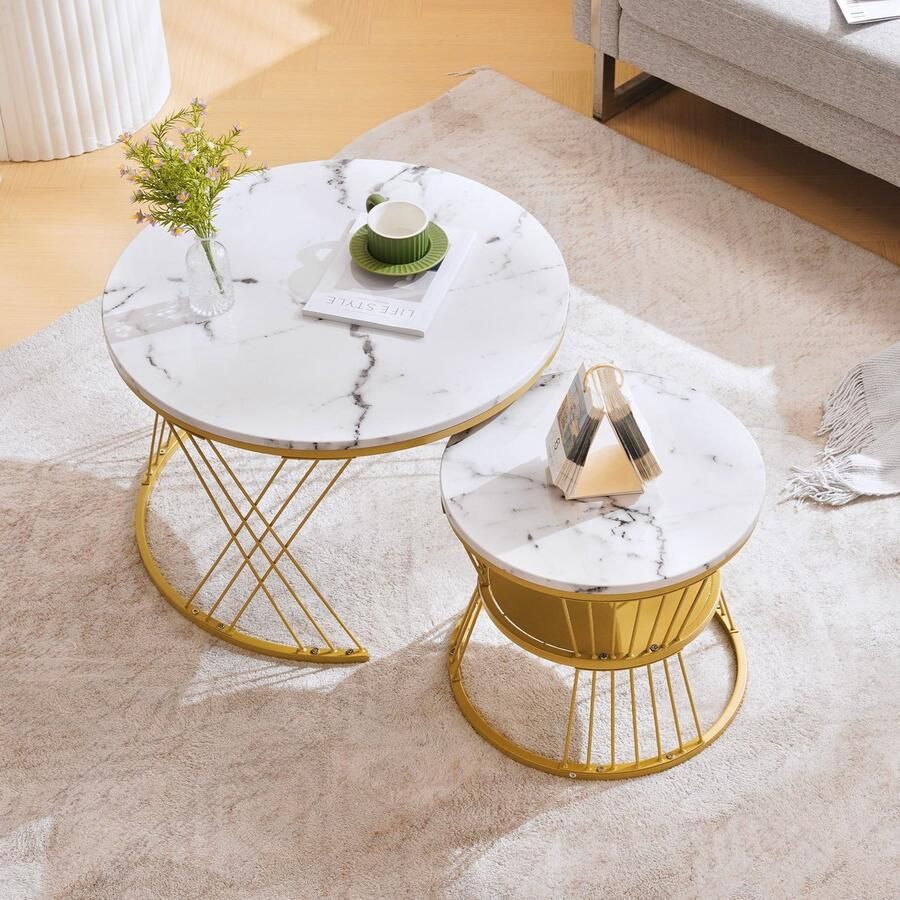 Merax Moderne Nesting Salontafel Set 2-Delig Marmerlook Rond Tafelblad Goudkleurig Frame Ruimtebesparend Design MDF Hoogglans Woonkamertafel Bijzettafel