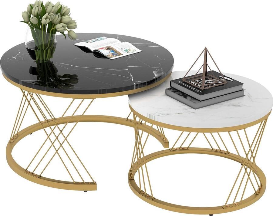 Merax Moderne Nesting Couchtisch Satz Marmor Furnier Sofa Seite Nest von Tischen Runde Endtische Satz von 2 Goldene Farbe Frame
