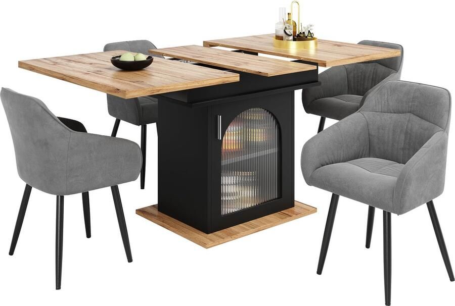 Merax [ niet compleet] Essgruppe (5-tlg) Ausziehbares Esstisch-Set 140x80cm Esstisch mit 4 Stühlen Set Ausziehbarer Esstisch mit großem Stauraum Samt Armlehnstuhl Schwarzer Esstisch