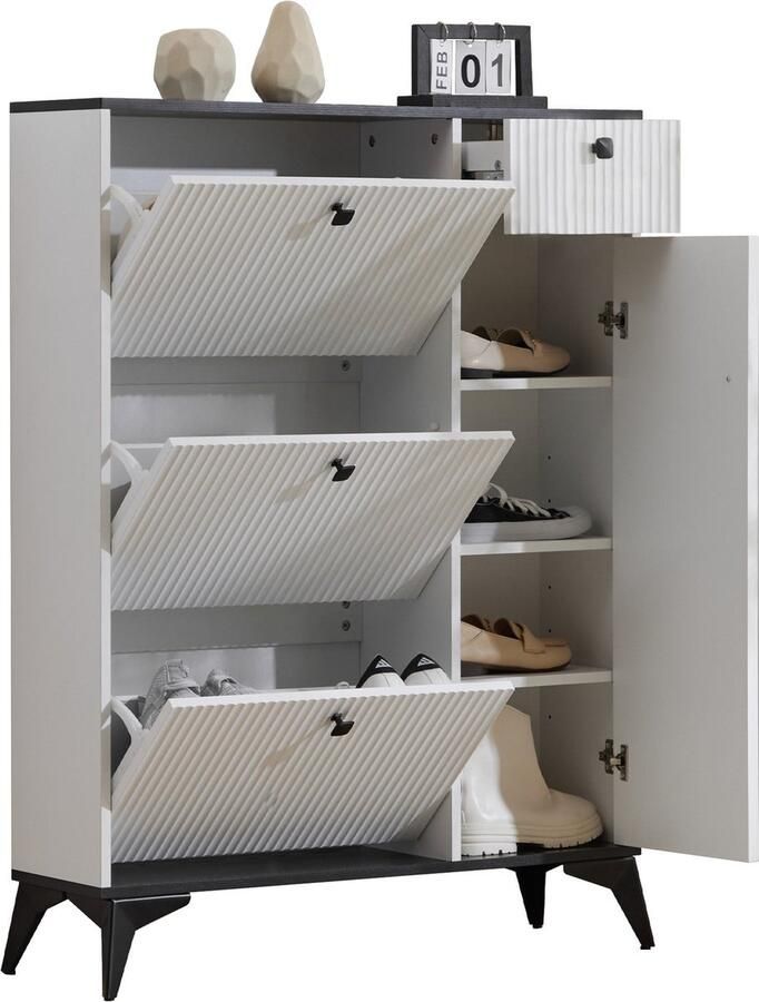 Merax Schoenenkast met 3 Klepdeuren – 1 Lade en Zijdeur – Smalle Schoenenkast 90x25x121 cm – Wit met Zwarte Accenten – Modern Design met Metalen Handgrepen en Verstelbare Legplanken - Foto 2