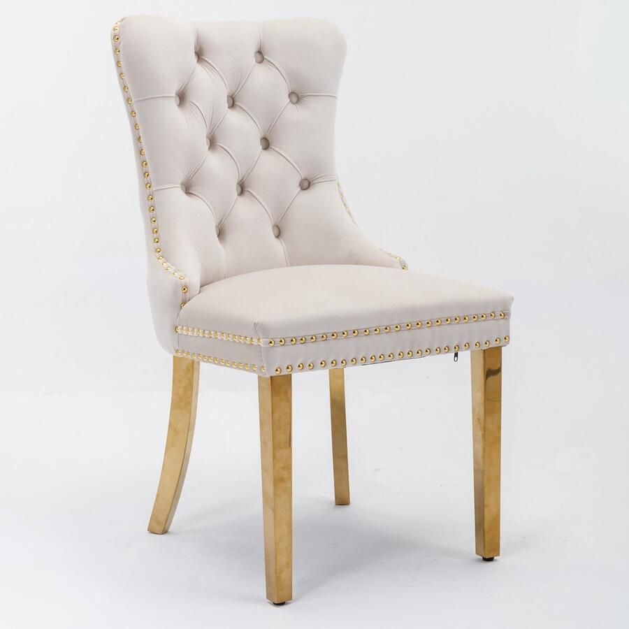 Merax Nikki Collection Eetkamerstoelen Set van 2 Luxe Fluwelen Stoelen met Hoge Rugleuning Beige Bekleding Gouden Stalen Poten Klassiek Design met Nagelstuds