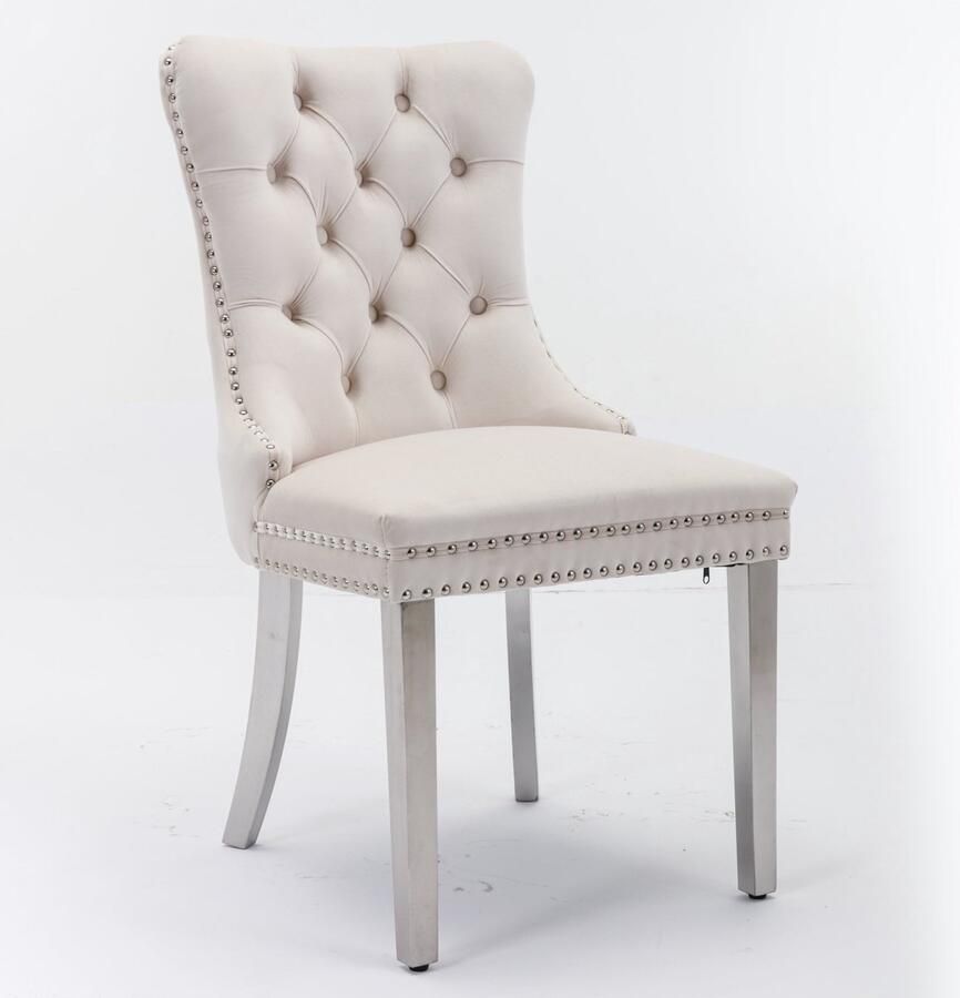 Merax Nikki Collection Eetkamerstoelen Set van 2 Luxe Fluwelen Stoelen met Hoge Rugleuning Beige Bekleding Chroom Stalen Poten Klassiek Design met Nagelstuds