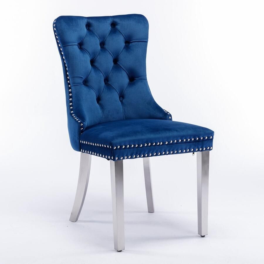 Merax Nikki Collection Eetkamerstoelen Set van 2 Luxe Fluwelen Stoelen met Hoge Rugleuning Blauwe Bekleding Chroom Stalen Poten Klassiek Design met Nagelstuds