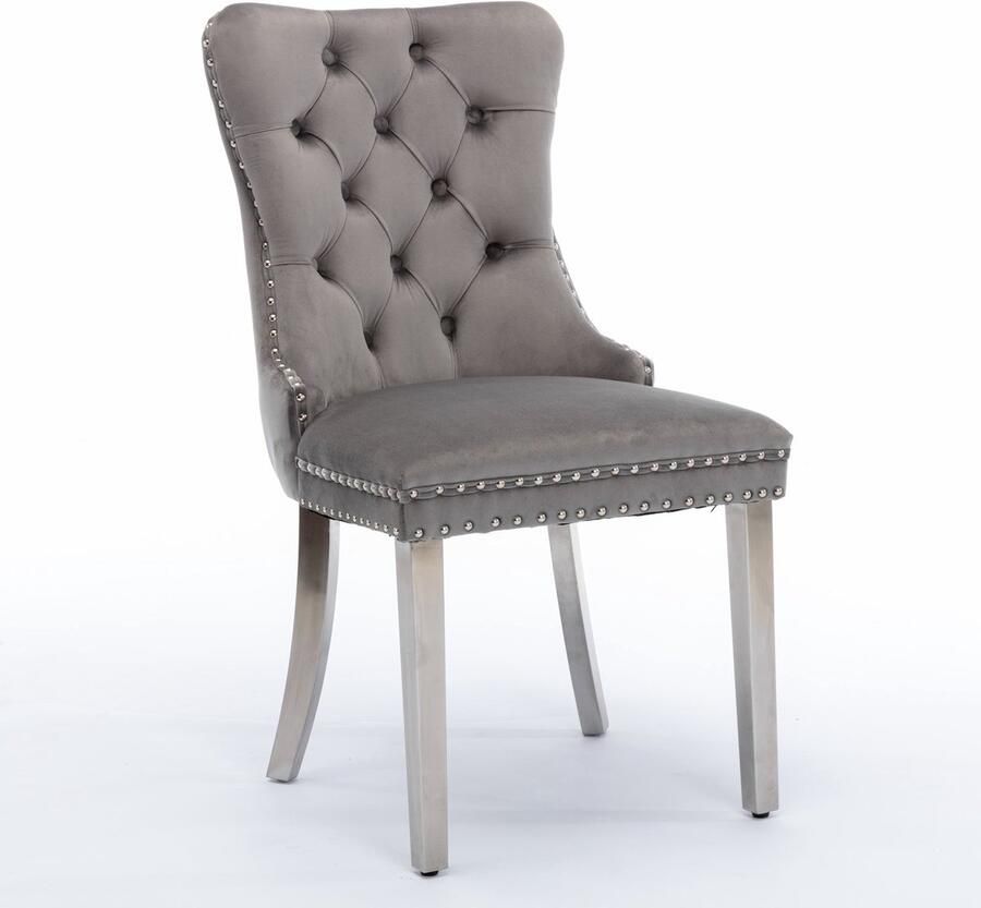 Merax Nikki Collection Eetkamerstoelen Set van 2 Luxe Fluwelen Stoelen met Hoge Rugleuning Grijze Bekleding Chroom Stalen Poten Klassiek Design met Nagelstuds
