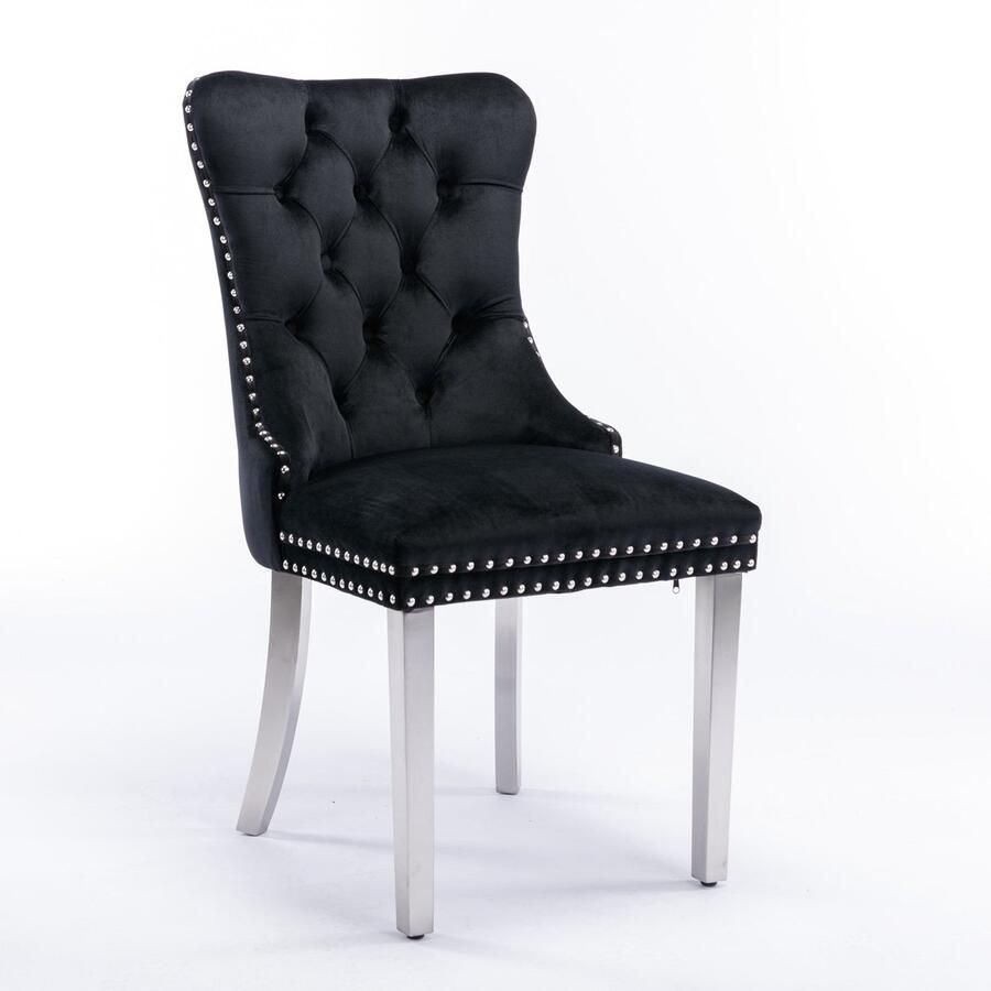 Merax Nikki Collection Eetkamerstoelen Set van 2 Luxe Fluwelen Stoelen met Hoge Rugleuning Zwarte Bekleding Chroom Stalen Poten Klassiek Design met Nagelstuds
