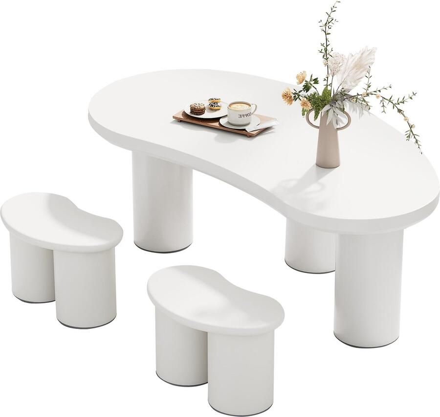 Merax Onregelmatig Halvemaanvormige Salontafelset – Salontafel met 2 Bijzetbankjes – L 107 cm x B 57 cm x H 40 5 cm – MDF Tafelblad en PVC Poten