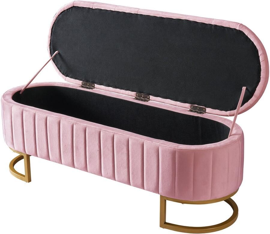 Merax Opbergbank – Gestoffeerde Bank met Opbergruimte – 120 x 40 cm – Fluwelen Stof – Roze – Metalen Poten – Multifunctioneel - Foto 2