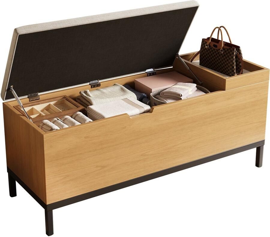 Merax Opbergbank met Zitting 115 x 40 x 49 5 cm – Houten Schoenenbank met Opbergruimte en Kussen – Multifunctionele Zitbank voor Hal Slaapkamer of Woonkamer – Natuurlijke Houtkleur