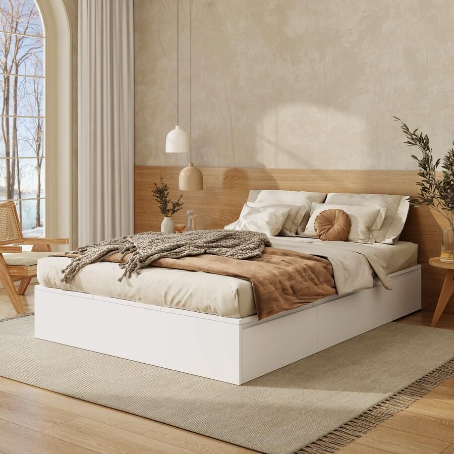 Merax Opbergbed 140 x 200 cm dienbladbed tweepersoonsbed functioneel bed onder het bed met opbergbox met lades zonder matras wit