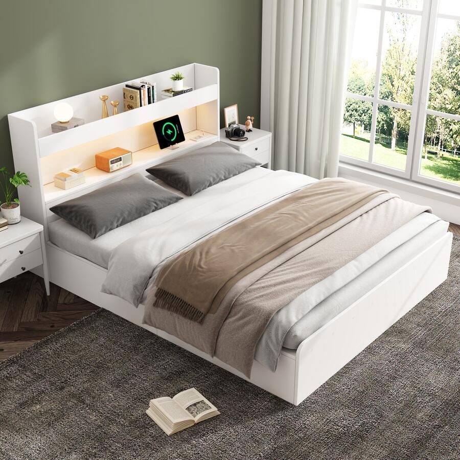 Merax Opbergbed 140x200 cm tweepersoonsbed met USB-poort en stopcontact met LED-verlichting met lades zonder matras wit