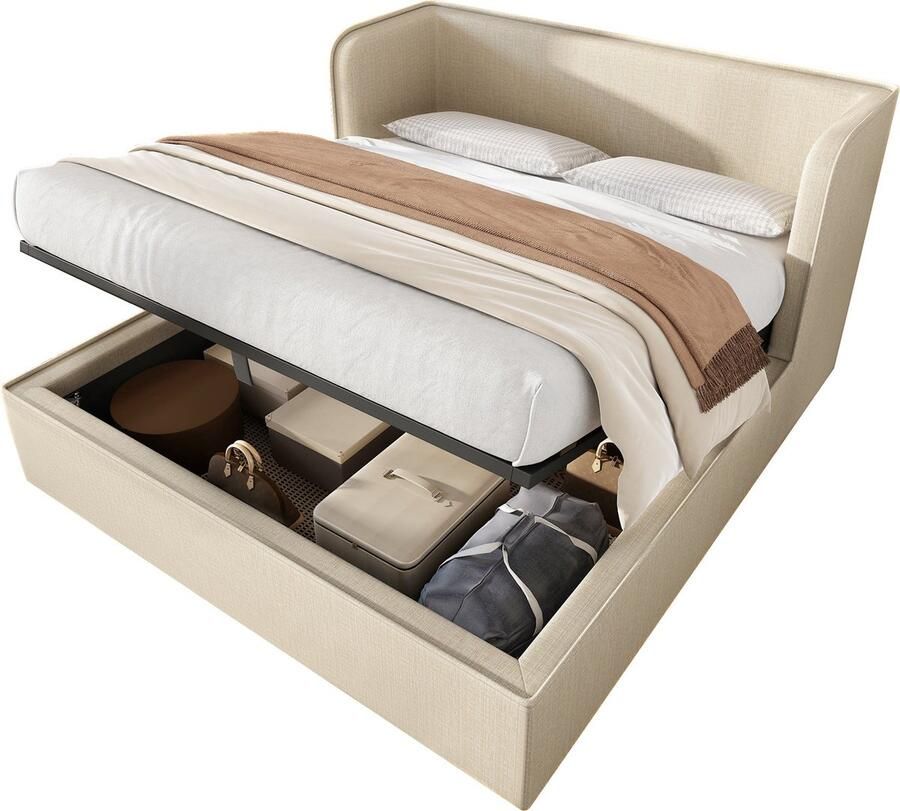 Merax Kingsize Tweepersoonsbed 180x200 cm Gestoffeerd Bed met Hydraulische Opbergruimte Brede Hoofdbord Verwijderbare Bekleding en Lattenbodem Beige - Foto 2