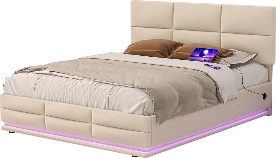 Merax Opbergbed 160x200 cm met LED-verlichting USB-oplader en Hydraulisch Systeem – Ruimtebesparend Fluwelen Bedframe Diepgrijs Voor Slaapkamer of Appartement