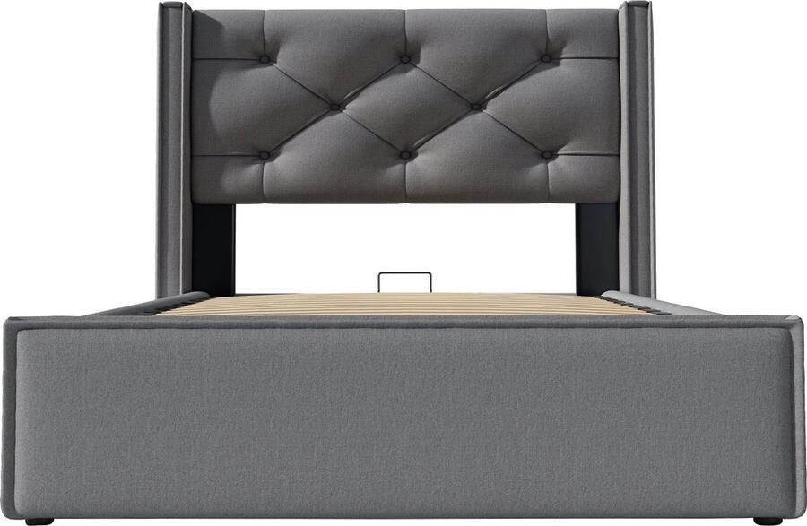 Merax Grijs Bed met Gevoerd Hoofdbord en Opbergruimte – 90x200 cm