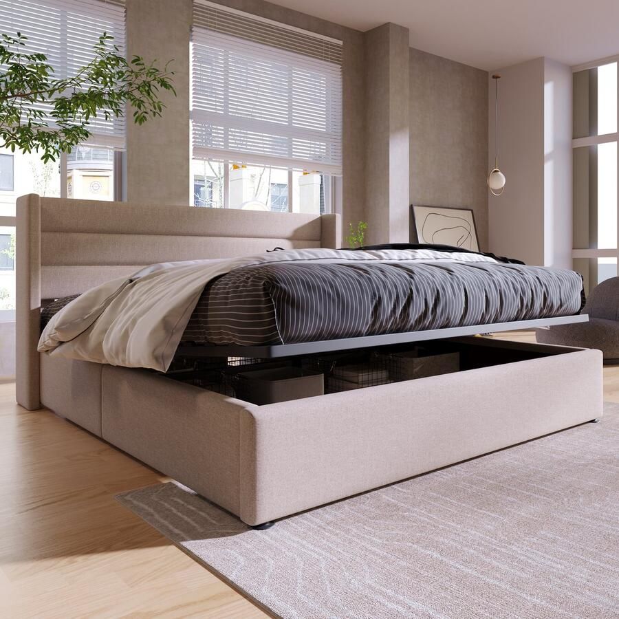Merax Opbergbed Dubbelbed 160x200cm Hydraulisch houten lattenbodem linnen beige (zonder matras)