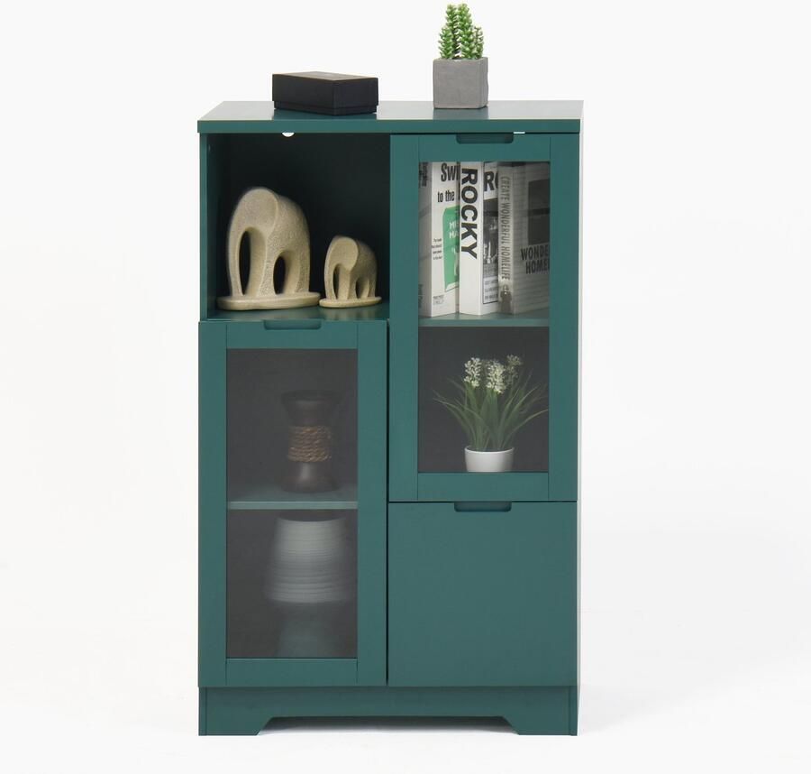 Merax Opbergkast Groen MDF Met Glazen Deuren En Lade 100 cm Buffetkast Met Open Vakken Voor Woonkamer Of Slaapkamer