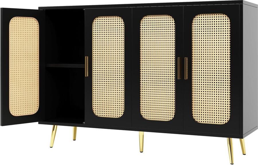 Merax Rattan Opbergkast Zwarte Houten Kast met Rattan Deuren Sideboard Dressoir 120x30x89 cm Voor Woonkamer Hal of Keuken