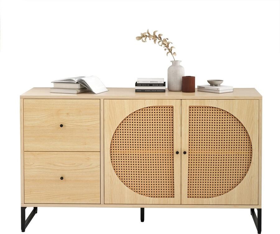 Merax Opbergkast met 2 Rattan Deuren en 2 Lades – Stijlvolle Buffetkast en Highboard – Geschikt voor Slaapkamer Woonkamer en Keuken – 130 x 40 x 75 cm