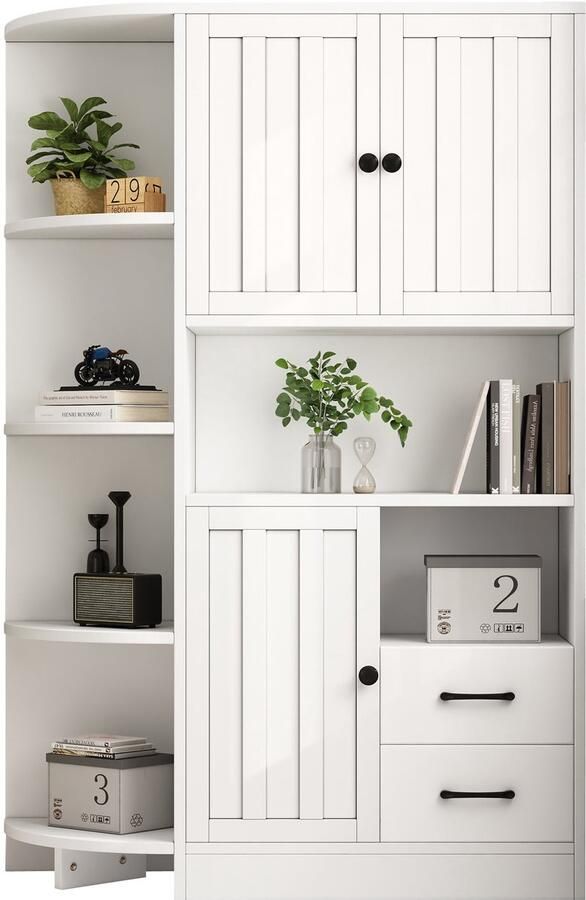 Merax Hoekkast 104×35×155 cm Witte Opbergkast met 3 Deuren en 2 Lades Vitrinekast met 6 Open Vakken en 14 Opbergvakken Boekenkast en Highboard voor Woonkamer