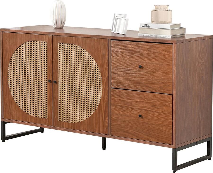 Merax Sideboard mit 2 Rattan verzierten Türen und 2 Schubladen Kommode Küchenschrank Mehrzweckschrank Highboard mit Metallgriffe für Schlafzimmer & Wohnräume & Büro