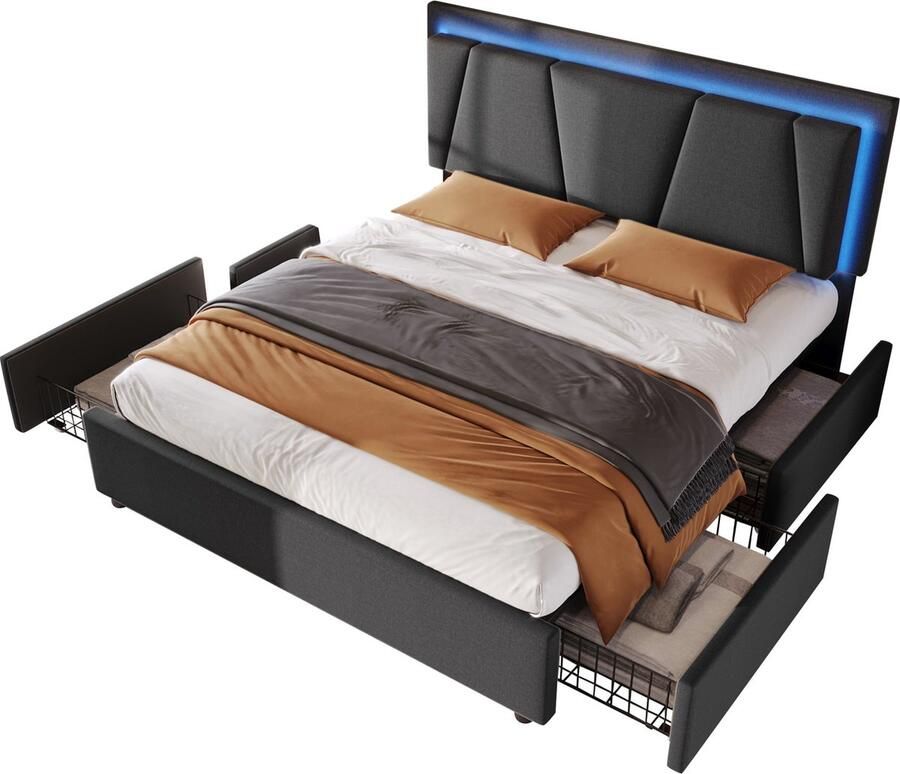 Merax Tweepersoonsbed 140x200 cm inclusief 7-Zone Koudschuim Matras met LED-Verlichting Luxe Gestoffeerd Bed met Verstelbaar Hoofdbord en 4 Lades Grijs