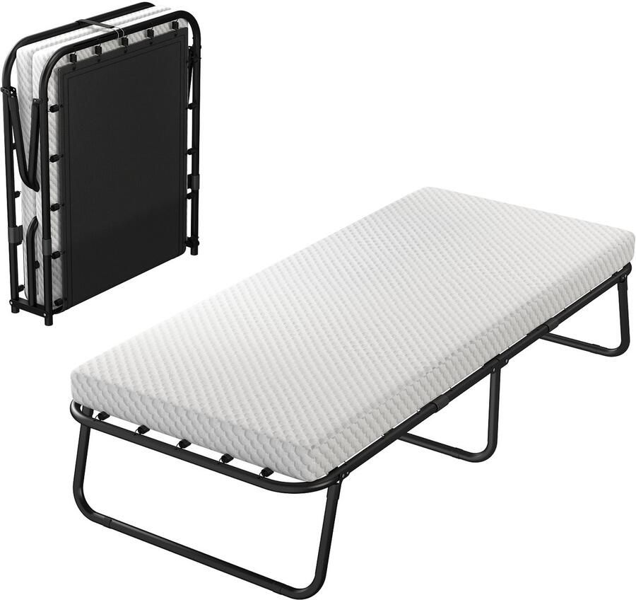 Merax Opklapbaar bedframe 80×190 cm metalen bed Met 8 cm dik matras Zwart opvouwbaar logeerbed Ruimtebesparend dagbed