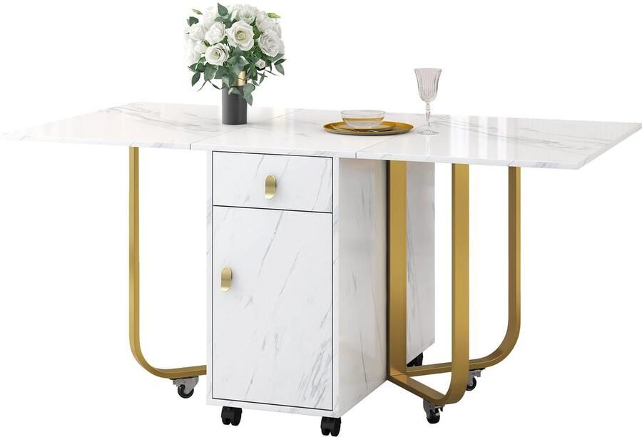 Merax Inklapbare Eettafel met Opbergruimte & 2 Lades – Flexibele Keukentafel op Wielen in Marmerlook – Wit met Gouden Accenten