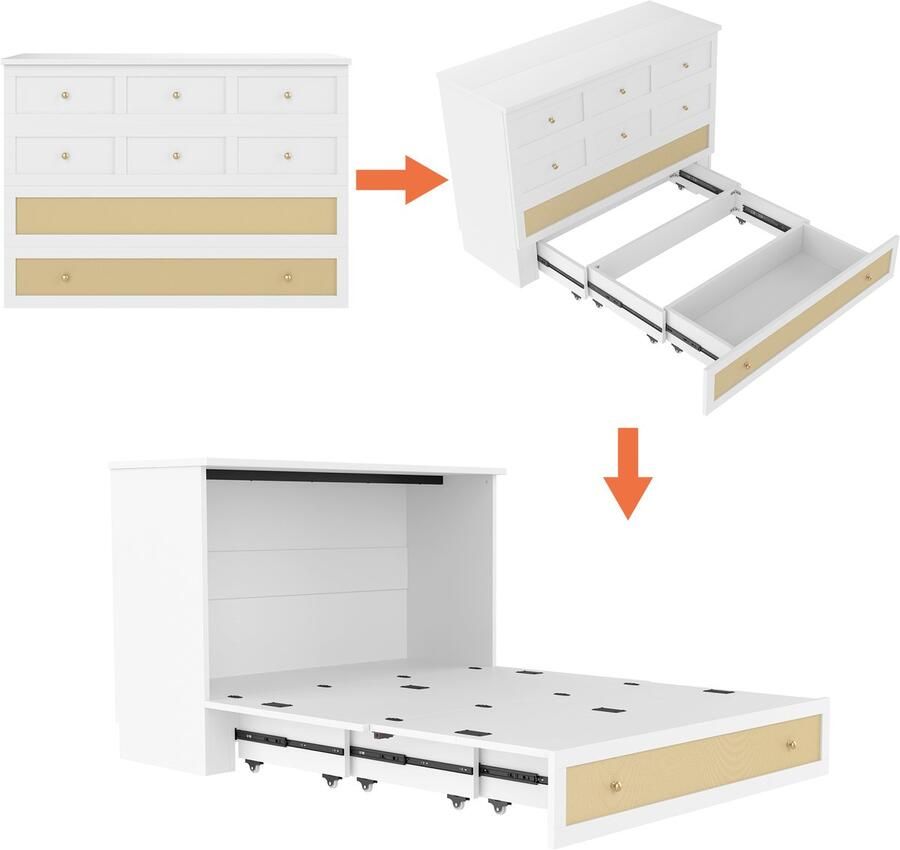 Merax Opklapbed 140 x 200 cm afneembaar met lades planken met USB en stopcontacten omvormbaar platformbed zonder matras wit